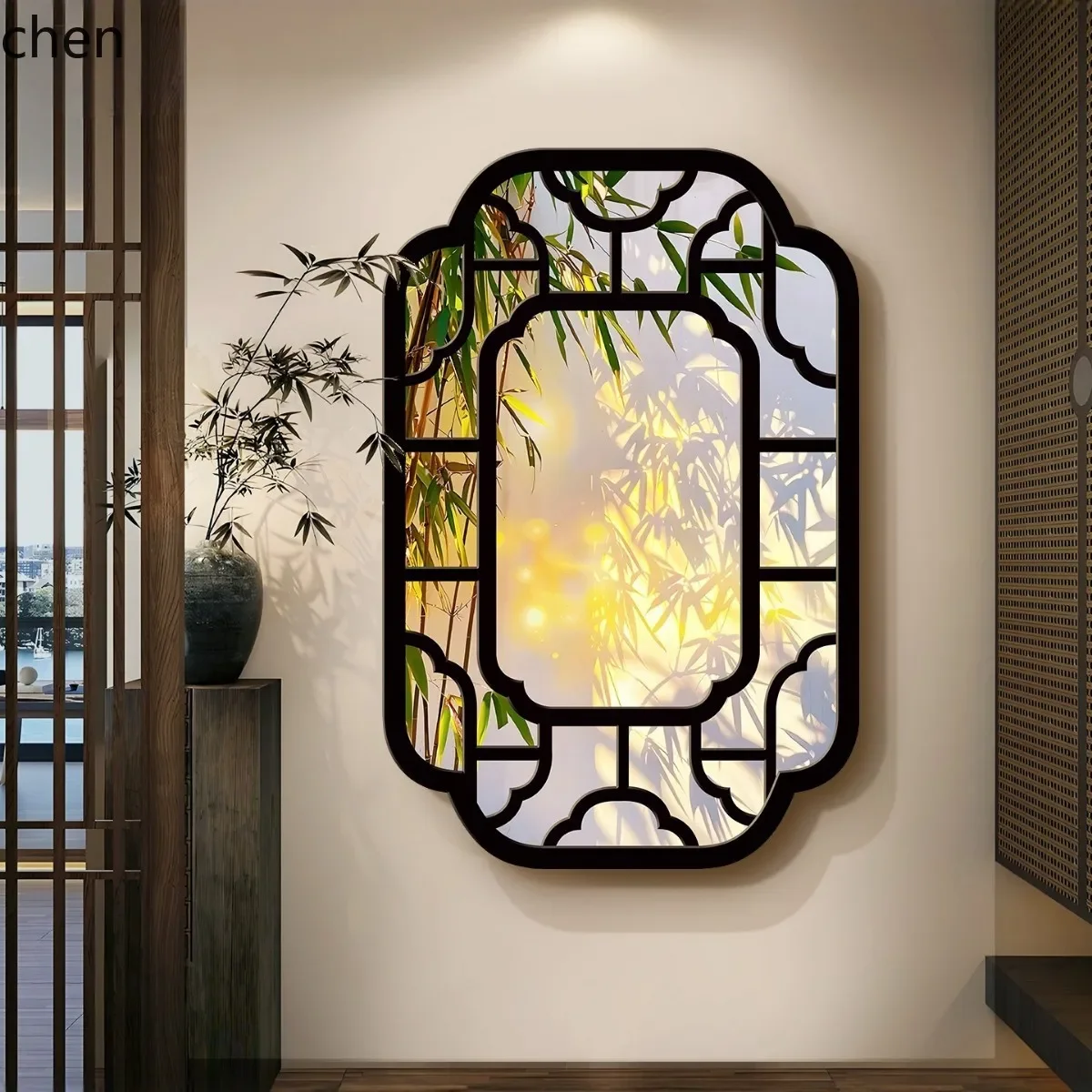 

entrance cabinet decorative painting high-end background wall atmosphere mural new chinese zen window view hanging painting