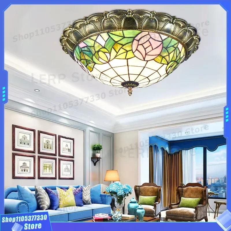 European Retro Stained Glass Ceiling Light for Living Room Bedroom Corridor Entrance Personalized Decorative Fixture Vintage