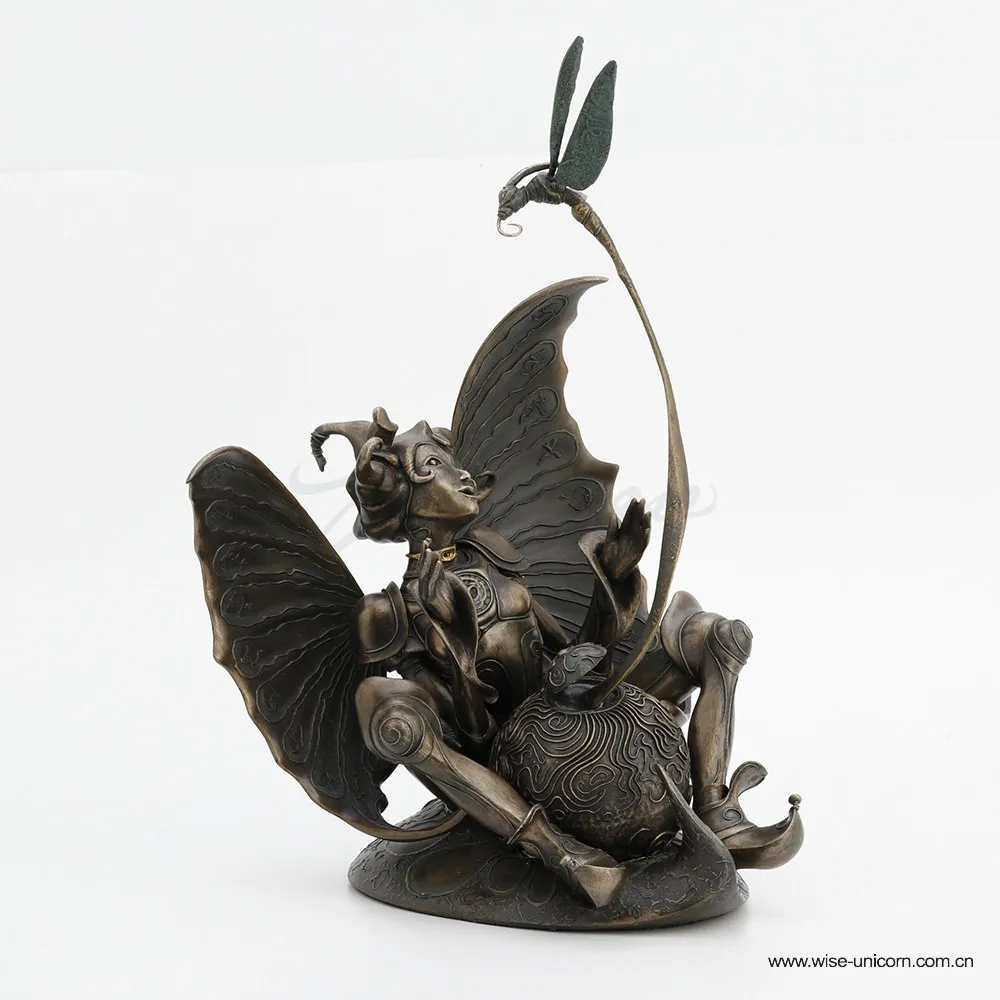 Antique Bronze Winged Fairy Elf Statue with Dragonfly Ornament Resin Sculpture Fantasy Mythical Lady Figurine Desktop Art Decor