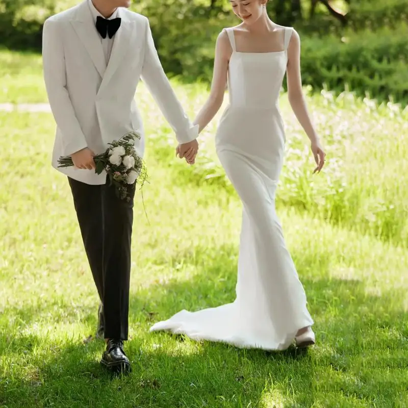 Vestido de novia de sirena con tirantes finos, traje de noche Formal Simple de satén con tren pequeño, Sexy, a la moda, novedad de 2024