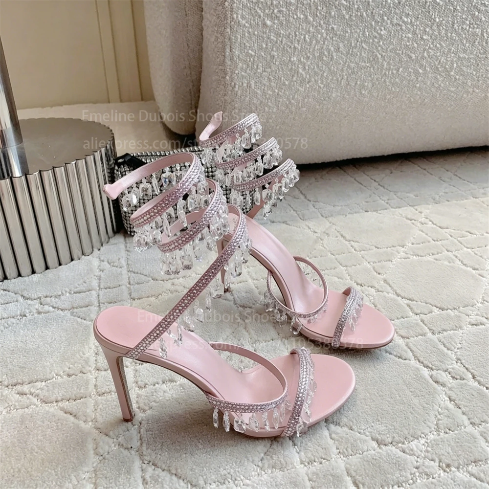 Satin Crystal Tassel High Heel Sandals Ankle Cross Strap Chandelier Rhinestone Stilettos Party Wedding Prom Women Dress Shoes view 3