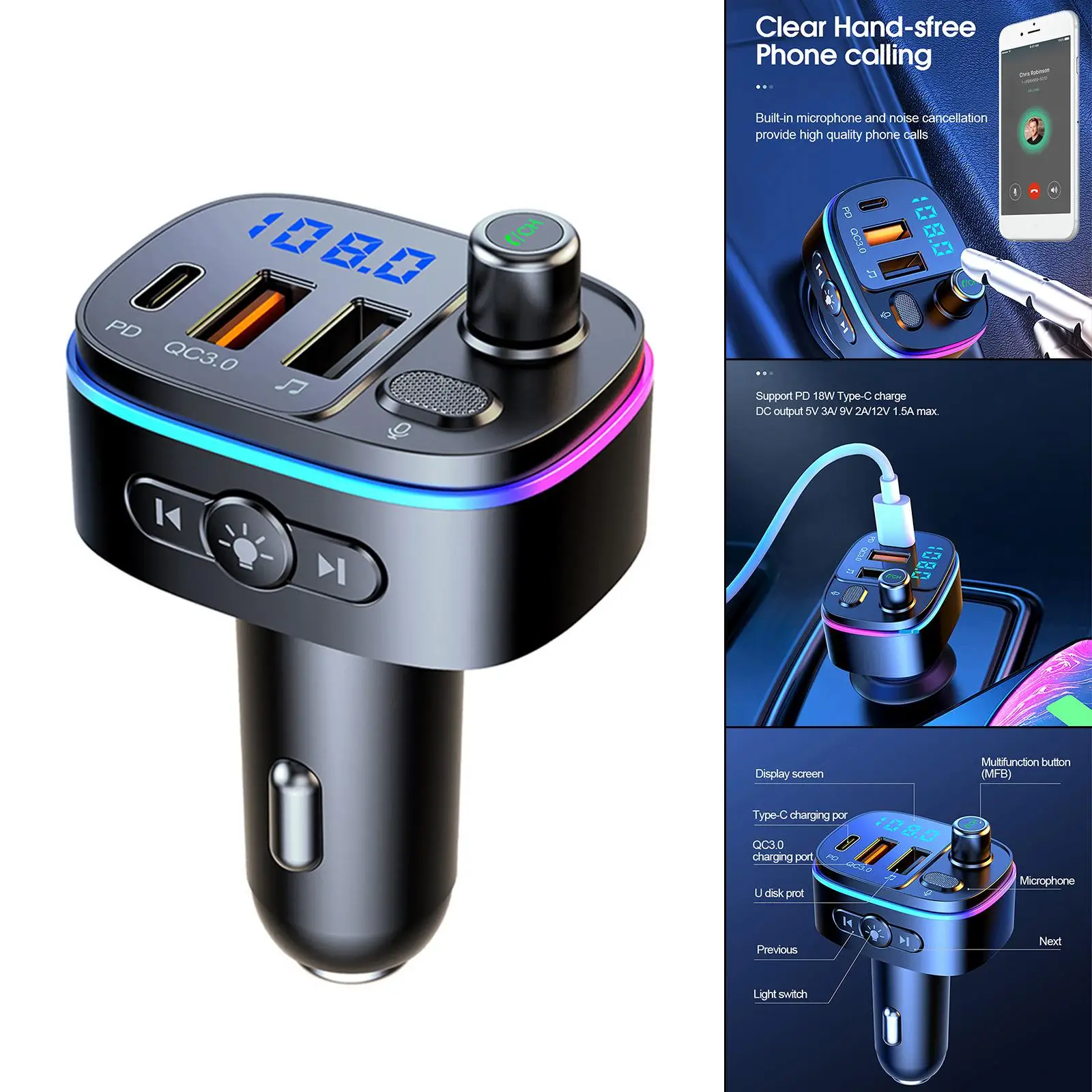 Car Bluetooth V5.0 3.1A Quick Support TF Card,7 Colors Led Backlight