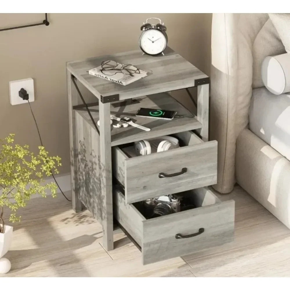 

Nightstand with Charging Station, Gray Side Table with 2 Drawers Storage, Bedside Tables