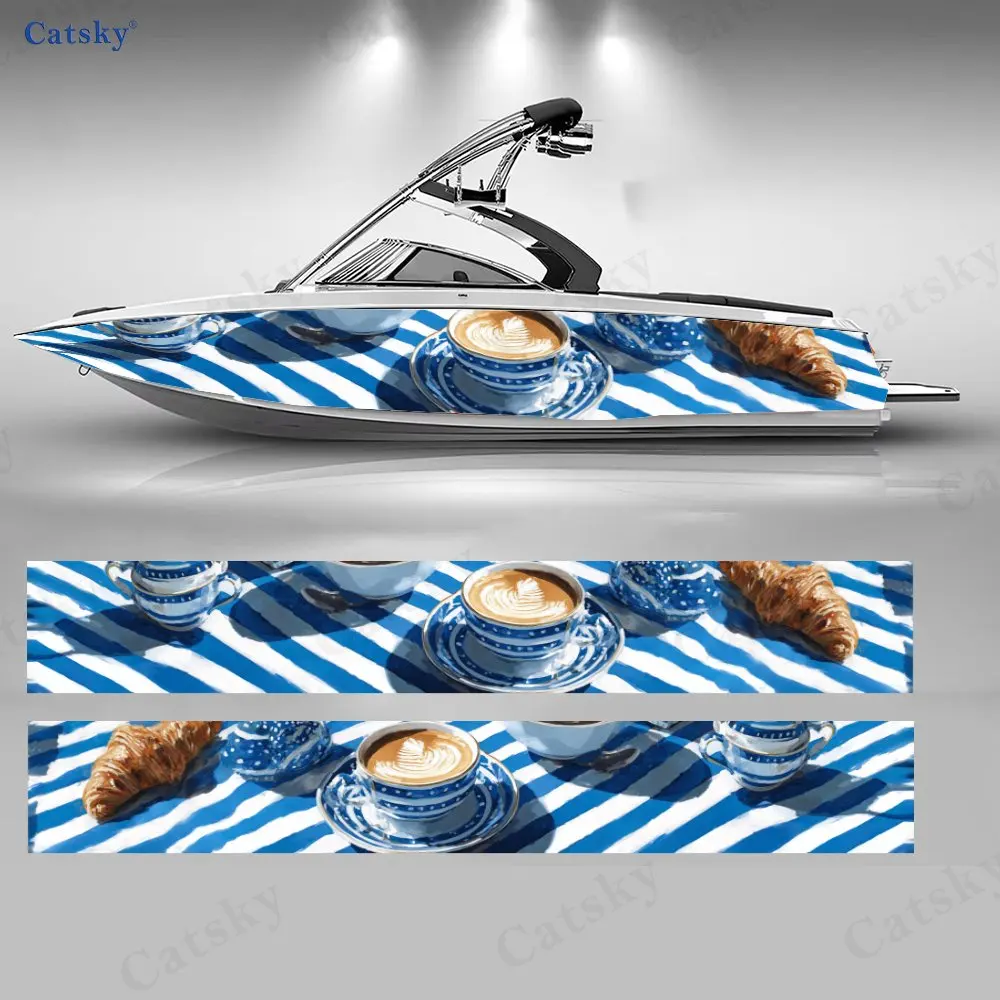 Azul blanco raya café Croissant sol barco cuerpo pegatina PVC Material barco decoración pegatina única decoración del cuerpo del barco