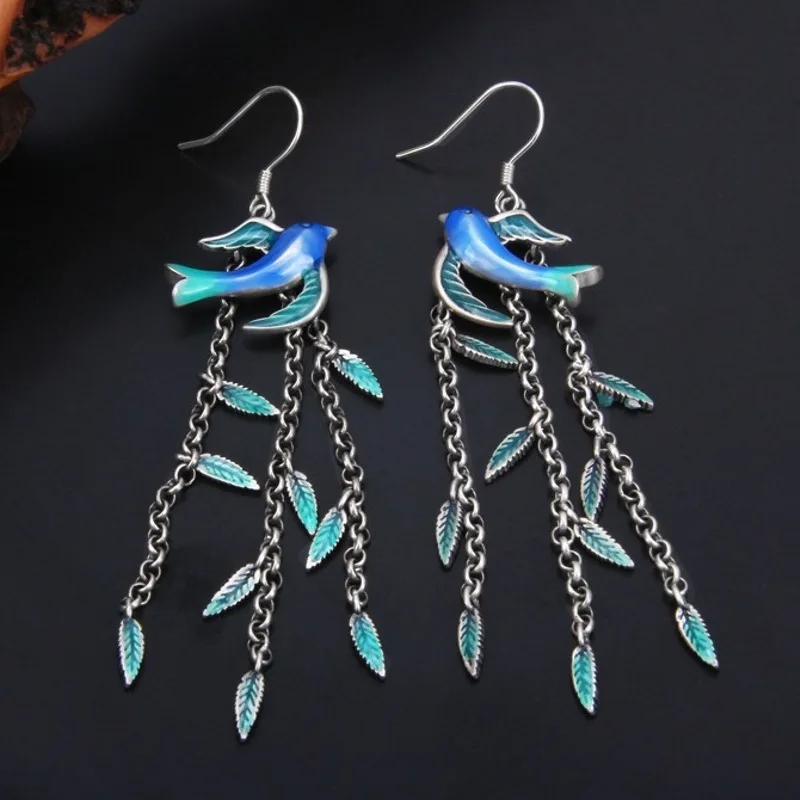 

Real Pure 999 Fine Silver Women Lucky Swallow Bird Enamel Leaf Tassel Dangle Earrings