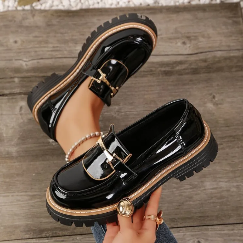 Women Loafers Round Toe Chunky Platform Lug Sole Patent-Look Glossy Shoes Slip on Metallic Hardware Casual Office Footwear 2026