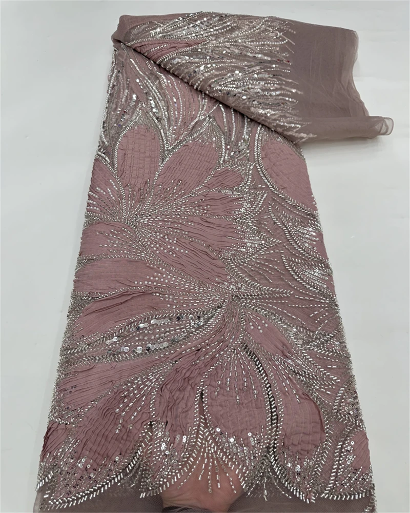 Luxury African Beaded 2025 High Quality Nigerian Sequins With Pearl Lace French Tulle Lace Fabric For Party Dress Sewing