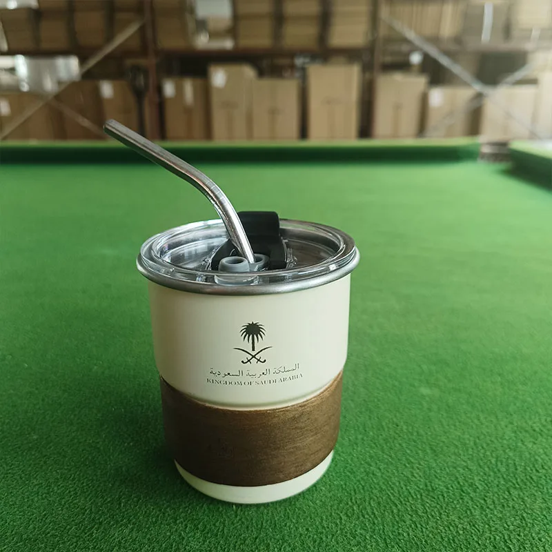 

National Emblem of Saudi Arabia Logo Stainless Steel Cup Beer Mug with Lid wood 300ml Outdoor Camping Coffee Mug Includes straw