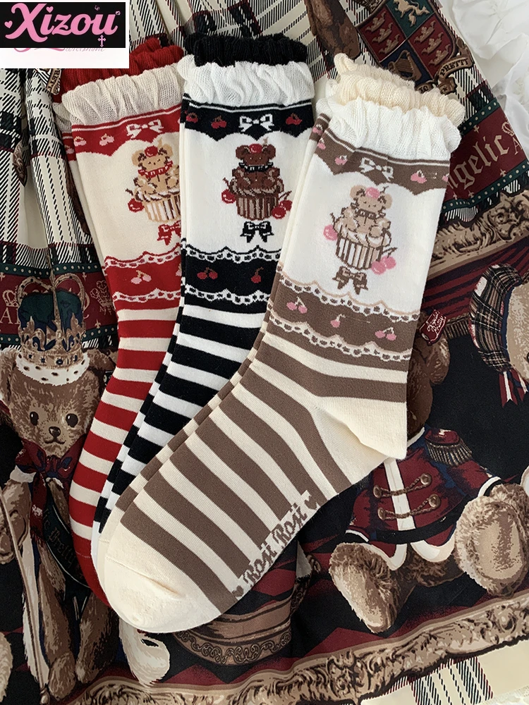 Japanese cute cartoon bear cake pure cotton Lolita socks women's autumn original jk uniform medium tube socks skinny leg sock