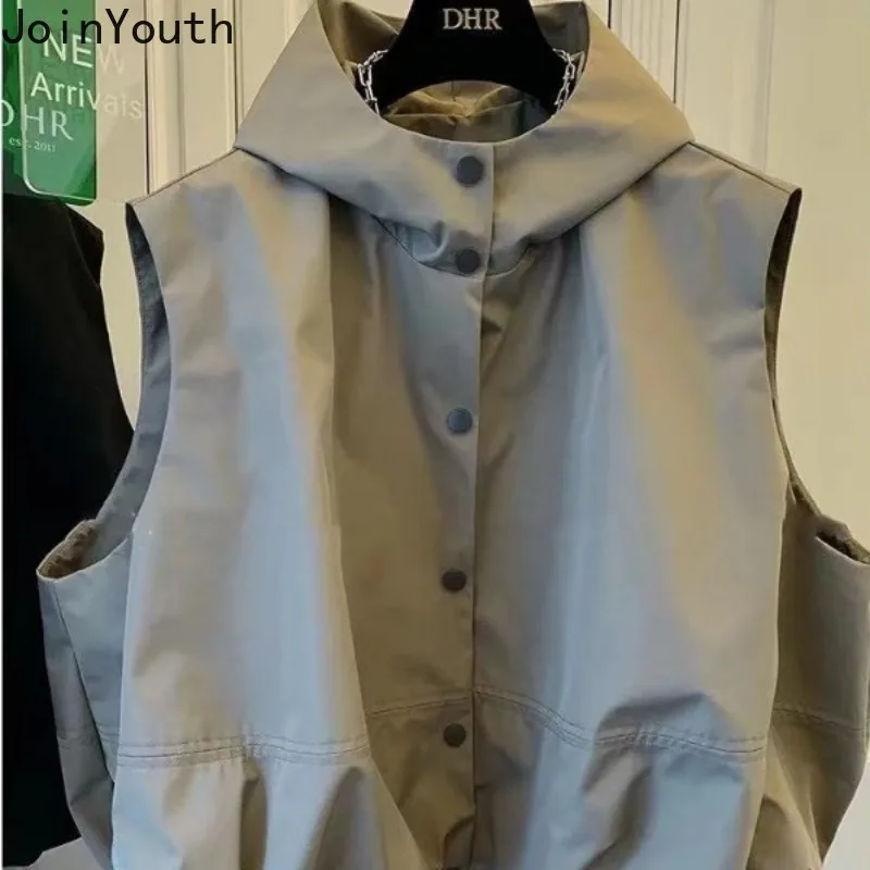 2024 Ropa Mujer Fashion Hooded Vest Coat Y2k Tops Casual Streetwear Hooded Waistcoat Loose Y2k Tanks Sleeveless Cardigan Women