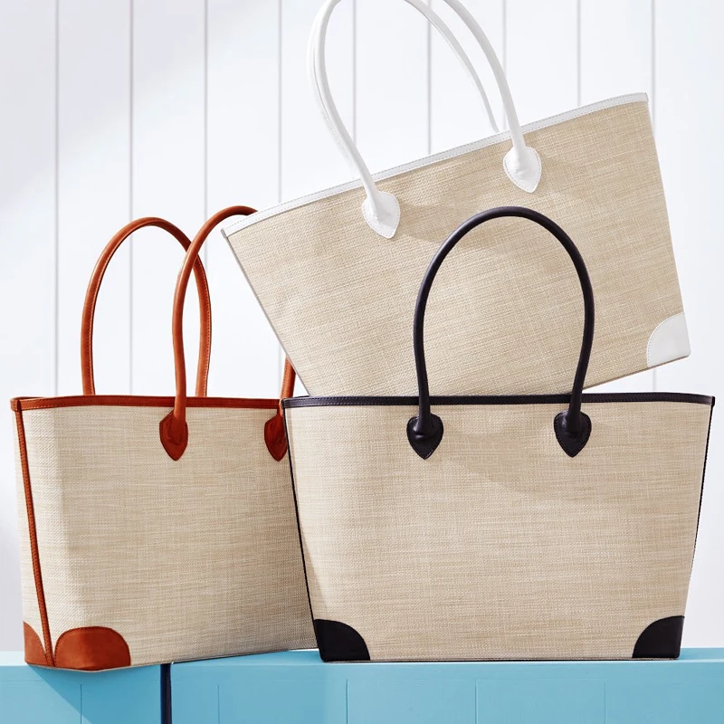 

Linen Beach Handbag Bag Women Tote Summer Natural Basket Bags With Pu Handle Large Capacity For Storage Travel Beach