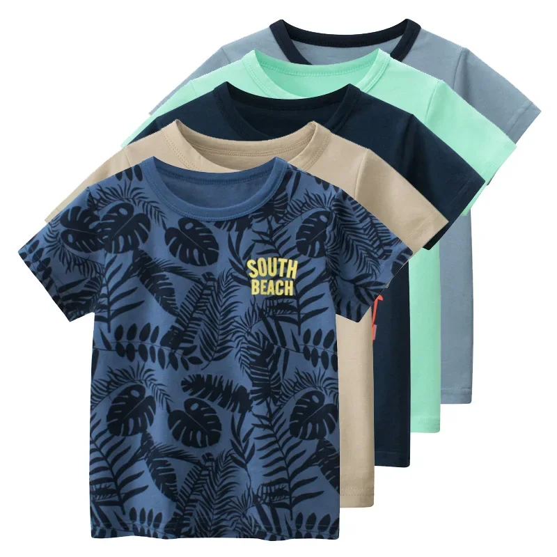 NOVEDAD DE VERANO 2025, ropa para niños con estampado de letras y hojas, ropa para niños, camiseta de manga corta, camisetas de algodón, camisetas,