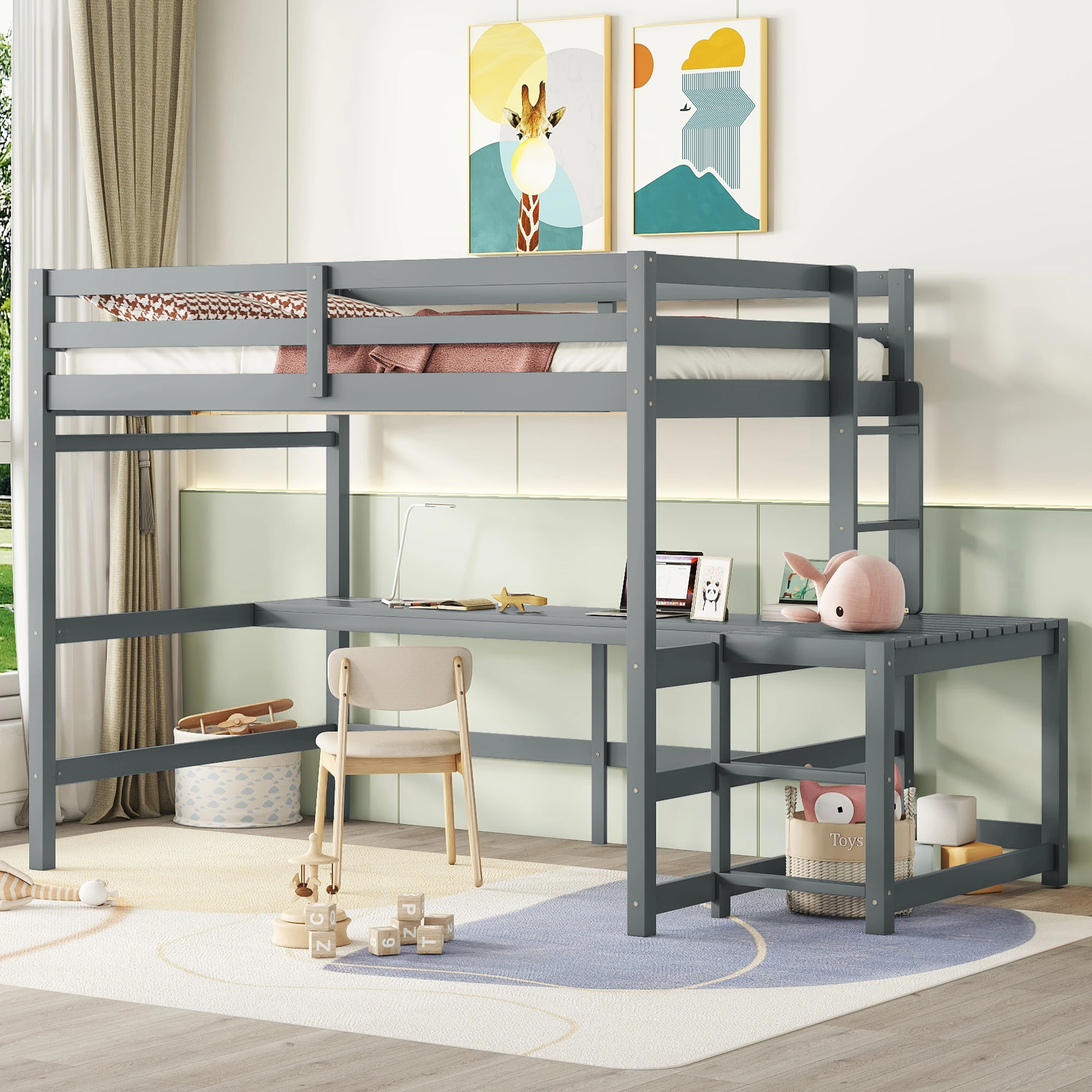 Full Loft Bed with Built-in Desk, Ladder Platform, Guardrails, Grey  97.80x57x67.50 in.