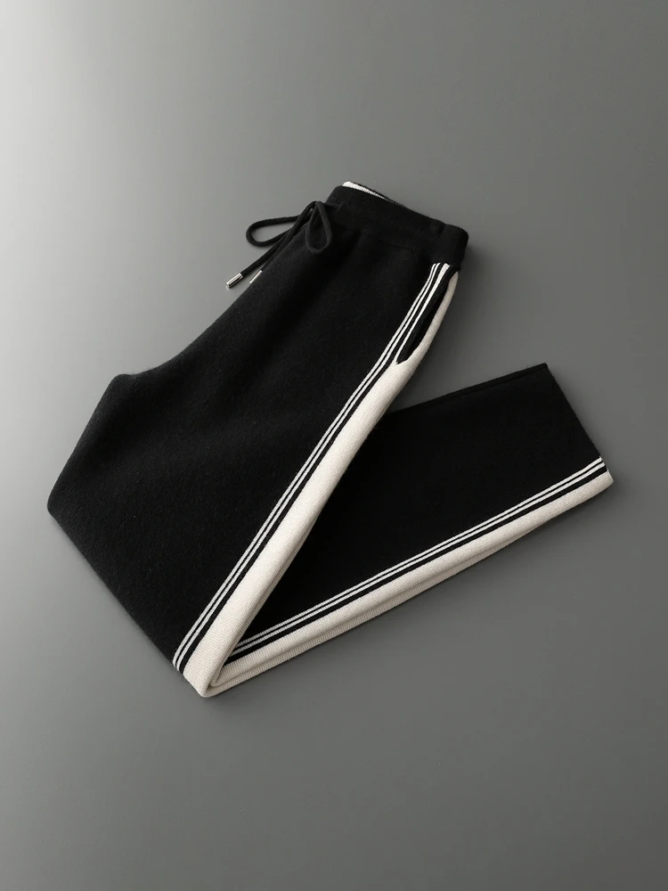 Chic High Quality Men's Autumn Winter Thick Knitted Straight Leg Pants 100% Merino Wool Casual Jacquard Contrast Color Trousers