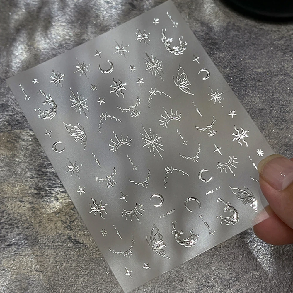 1개 3D 실버 골드 별/달/태양 네일 스티커 프렌치 보헤미아 토템 셀프 접착 네일 아트 데칼 DIY 레트로 매니큐어 장식