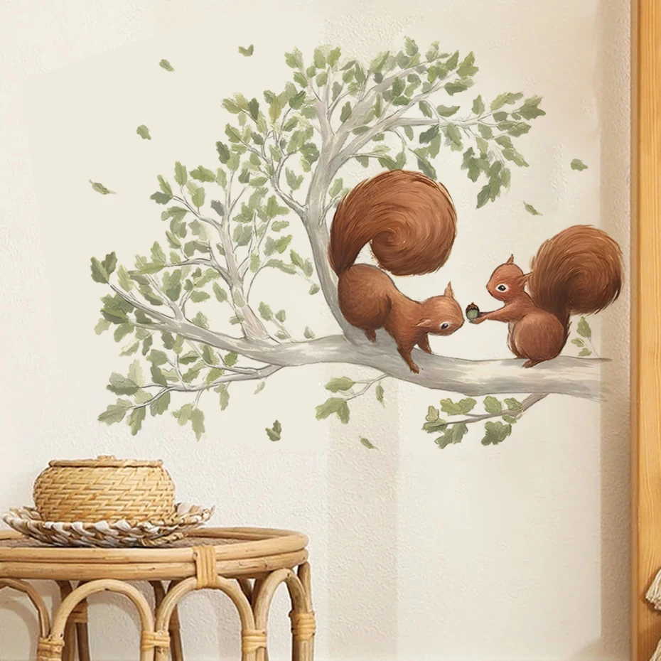 Cartoon Forest Squirrel Wall Sticker Creative Wallpaper Squirrel in a Tree Children\'s Room Nursery Classroom Decorative Stickers