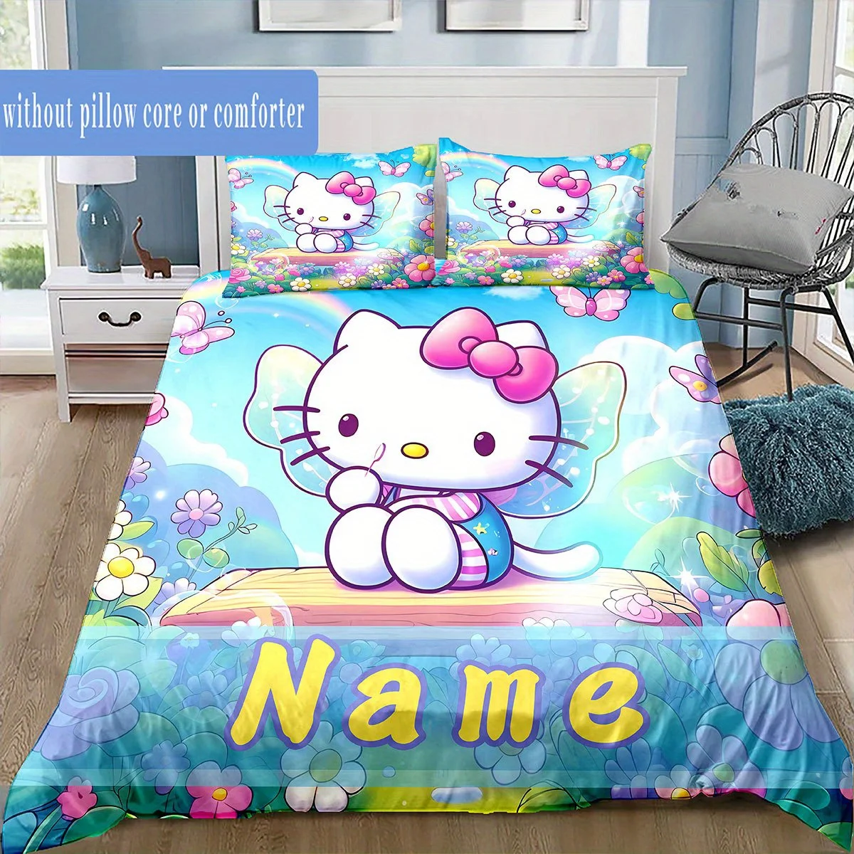 

Custom Name Hello Kitty Duvet Cover Butterfly Wings Cartoon Bedding Set Personalized Name for Bedroom Decor Queen King Full Size