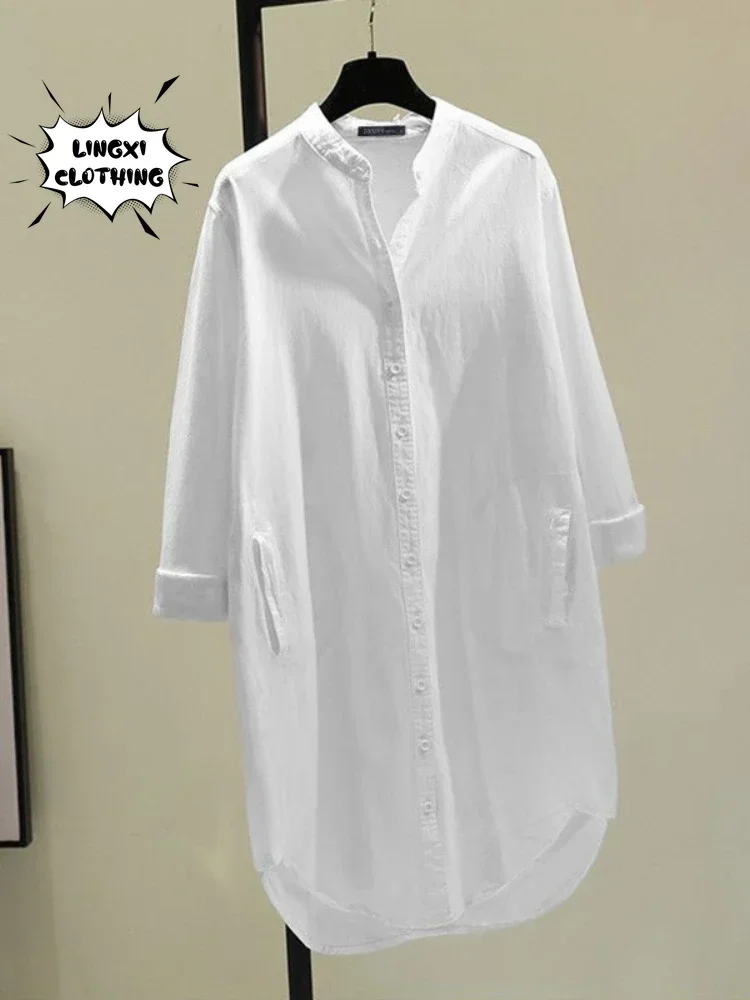 Mode Neue Elegante Solide Baumwolle Leinen frauen Hemd Einreiher Rundhals Casual Pendler Stil Mid Länge Hemd