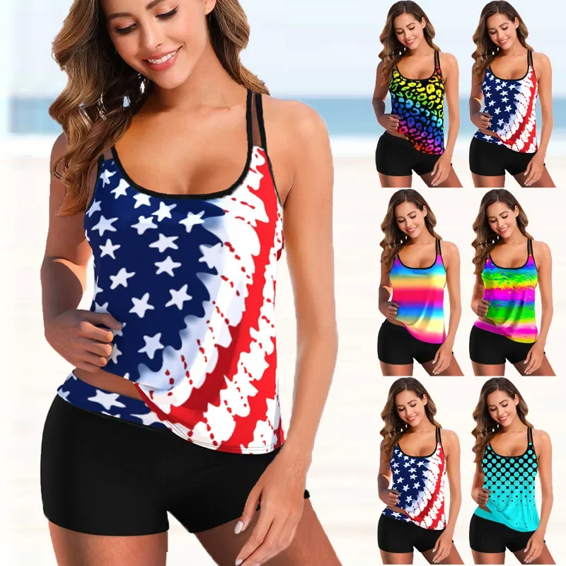 

Women Fashion Halter Swimwear Two Pieces Bathing Suit Flower Rainbow Printed Tankini Top Boyshorts Swimming Wear Swimsuit S-6XL