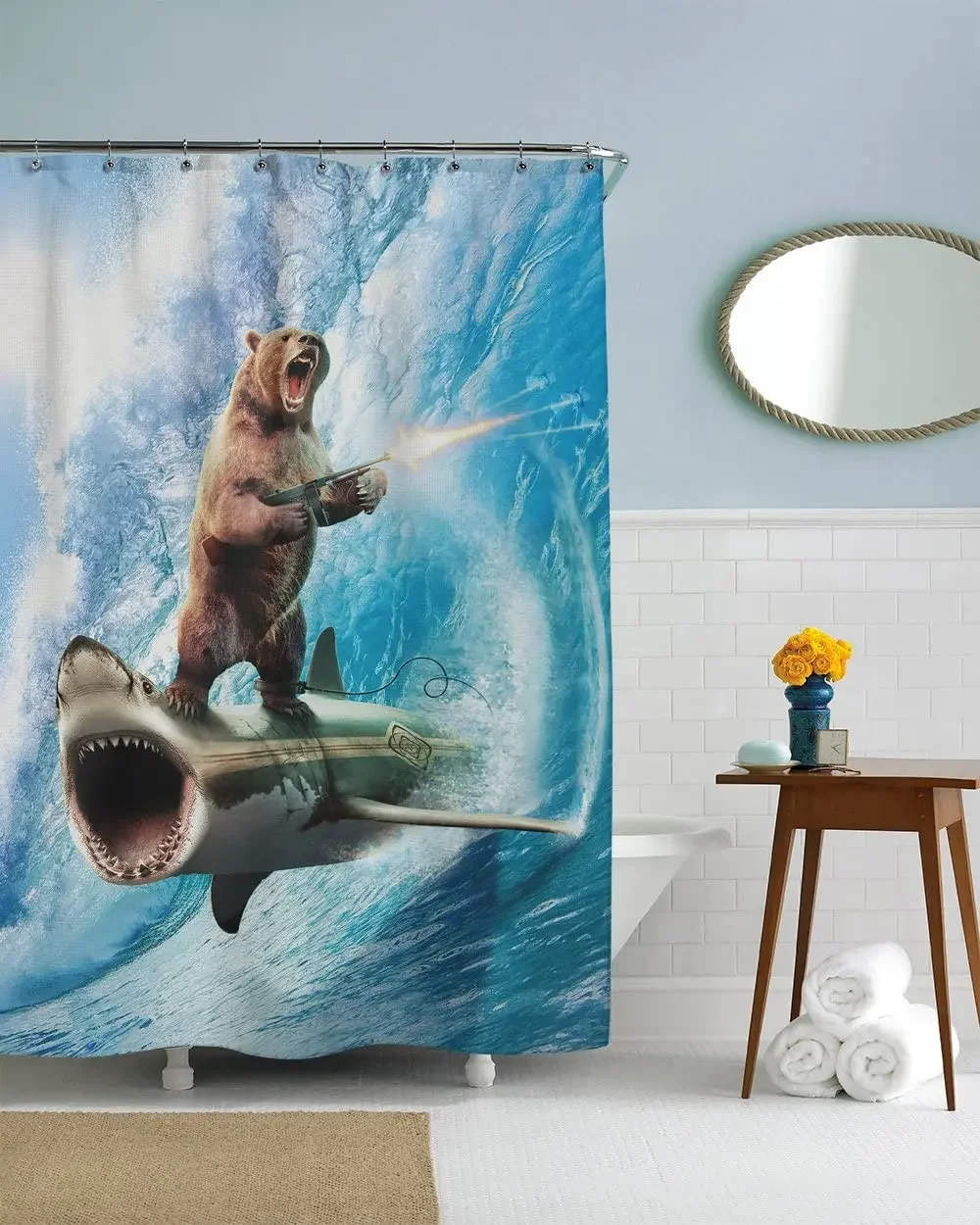 Sharp Shirter Bear Shower Curtain Funny Shark Bathroom Decor Surfing Machine Gun Blue Waves Art Hooks Included