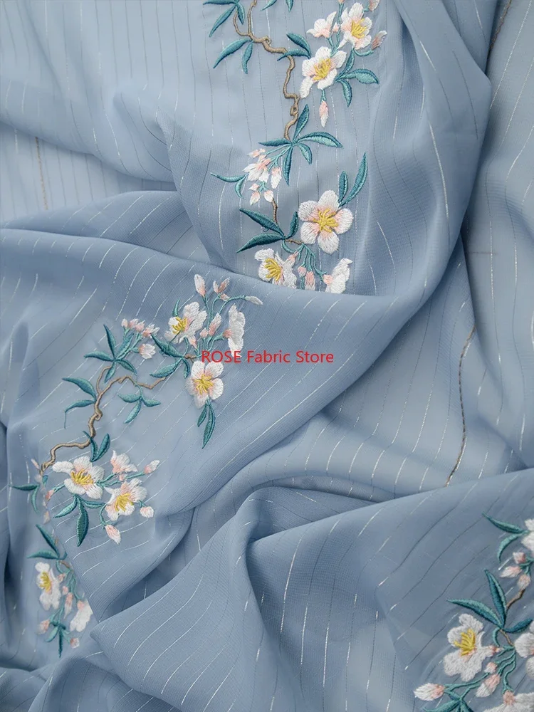 Blue Flower Silver thread Embroidered Chiffon Fabric For Shirt, Summer Dress, Designer Fabric, Dress Show, Beach Dress