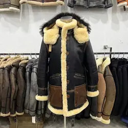 2024 Men's Winter Long Coat Genuine Sheepskin Leather Shearling Pilot Jacket for Male Black and Brown Plus Oversized 58 60 62