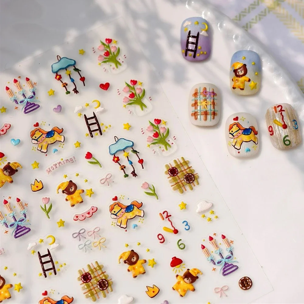 

Lovely Graffiti Bear Pony Candle Tulip Bow Stars Moon 5D Reliefs Self Adhesive Nail Art Stickers Cute Cartoon Manicure Decals