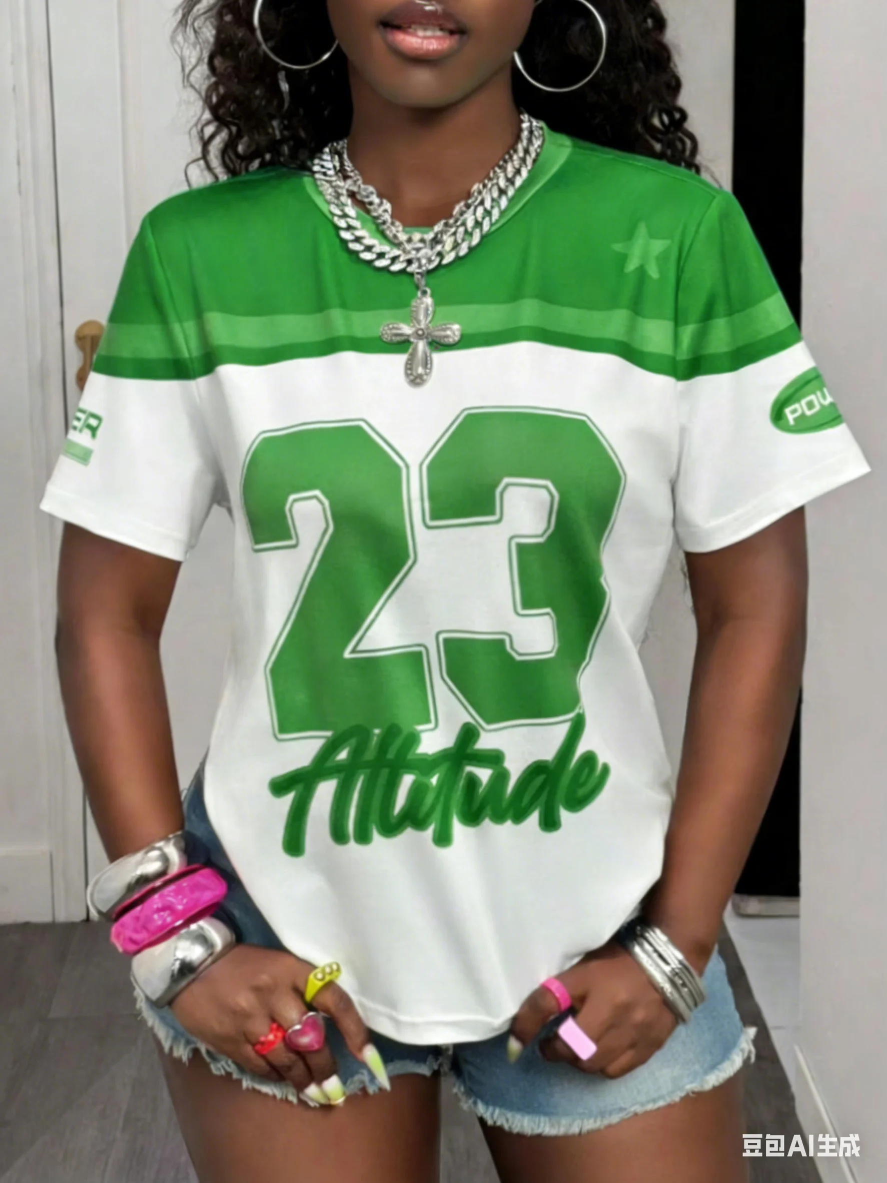 New in Women NO.23 Attitude Print O-Neck Green Short Sleeve T-Shirt Summer Tee Baseball Jerseys Stripe Lady Casual Sport T-Shirt
