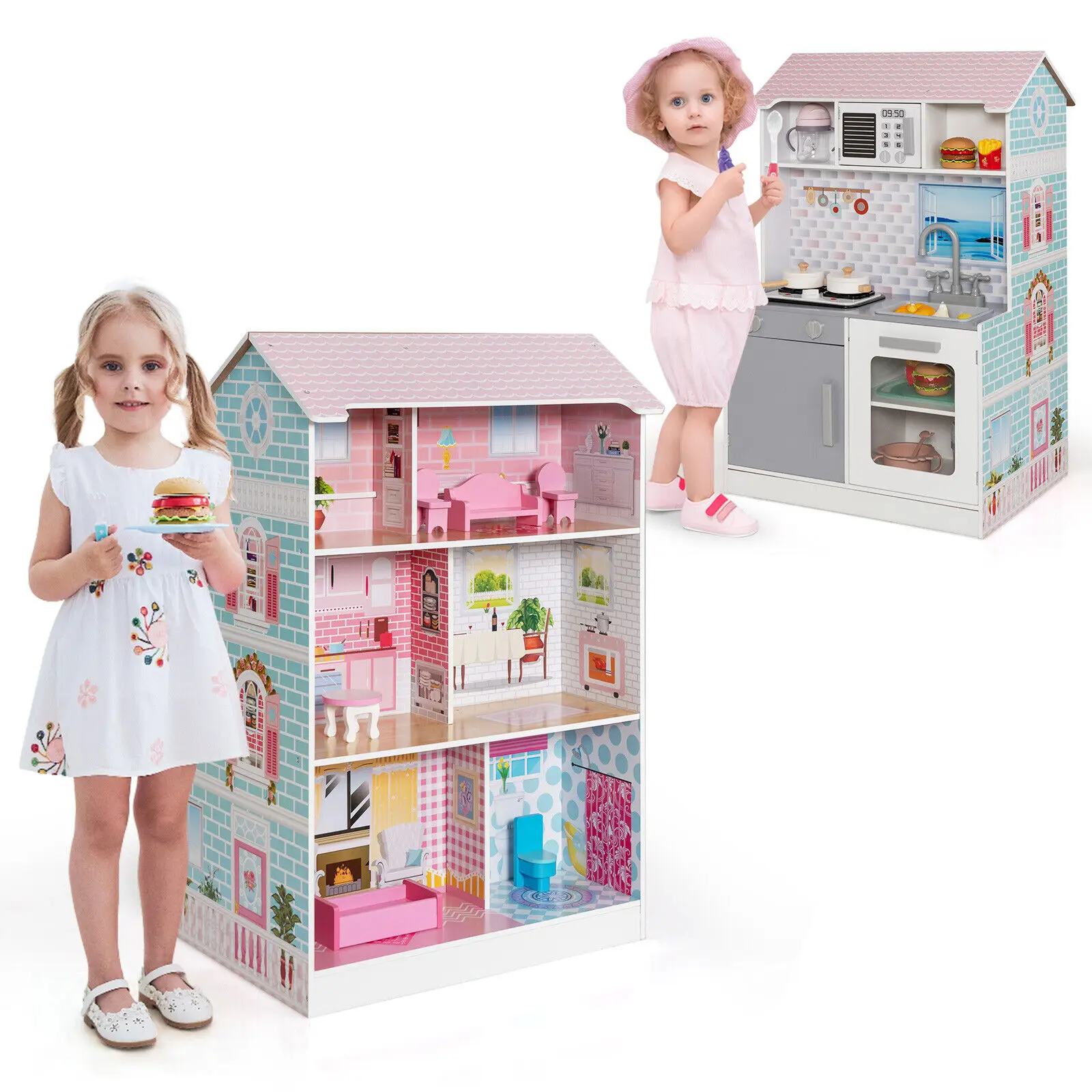 Babyjoy 2-In-1 Double Sided Kids Kitchen Playset & Dollhouse W/ Accessories & Furniture