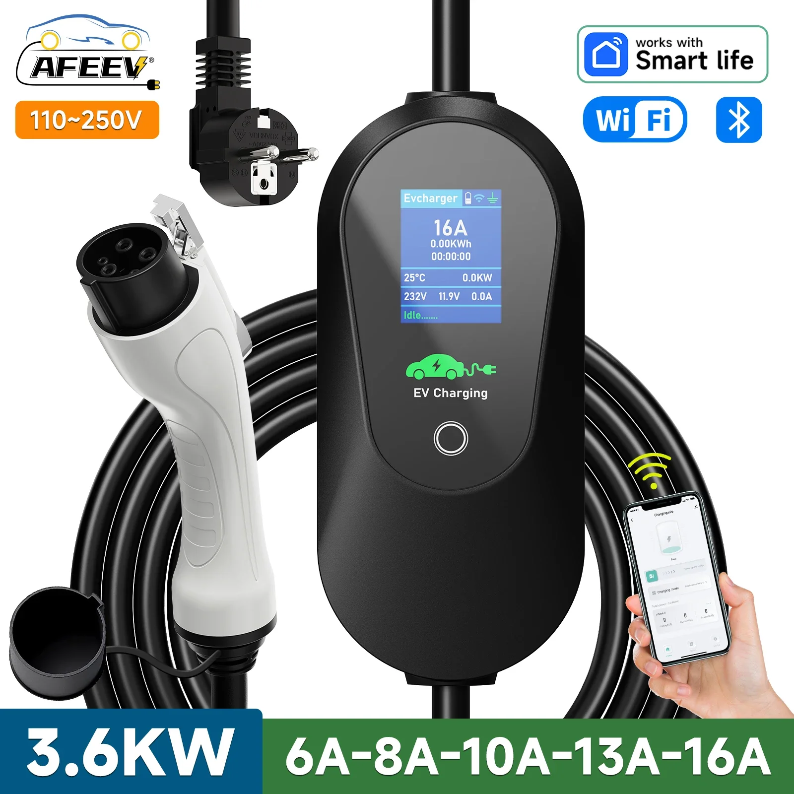 AFEEV-cargador portátil para coche eléctrico, Cable de carga rápida, WiFi, Control por aplicación, 3,6 kW, tipo 1, SAE J1772, 16