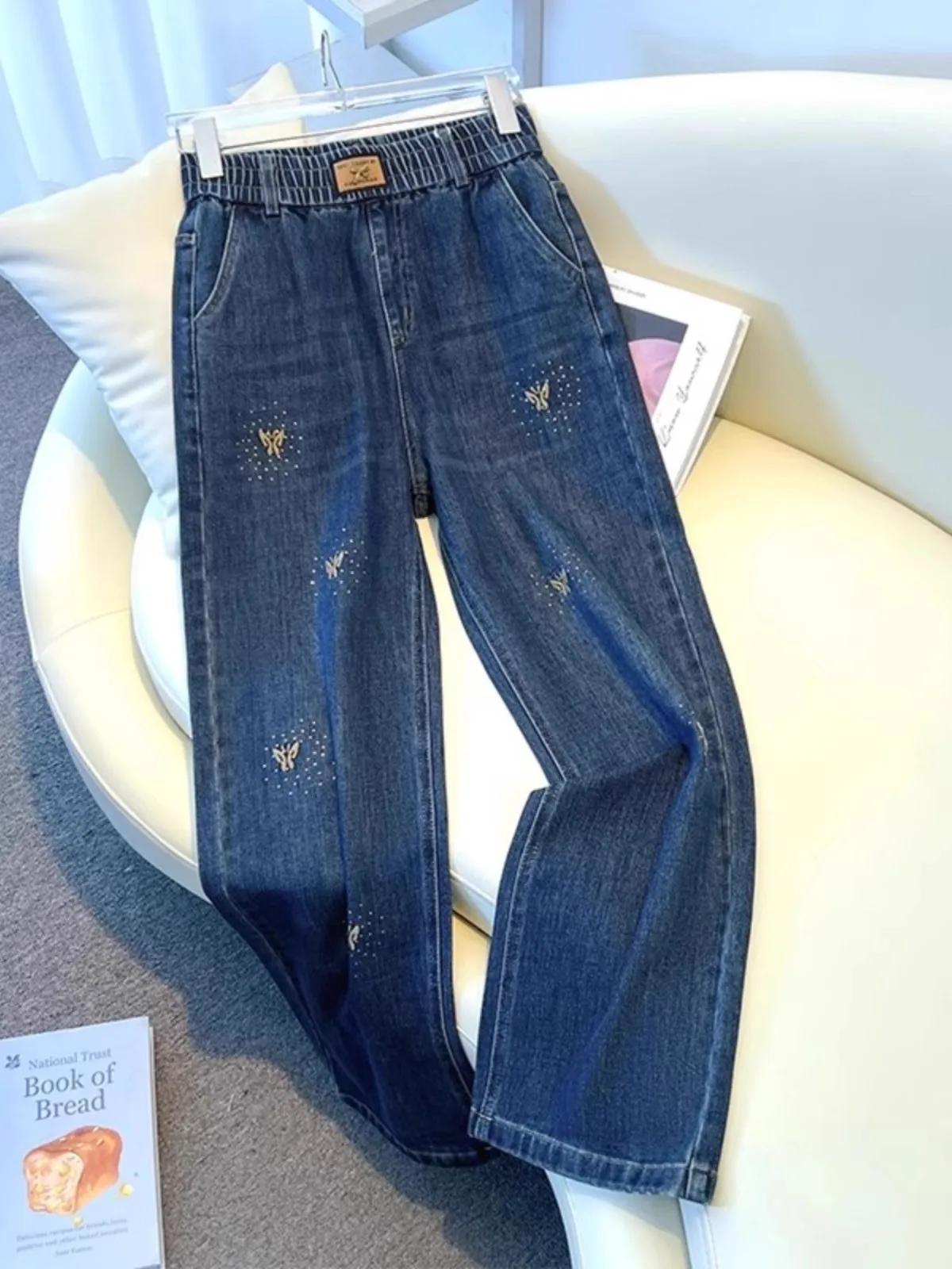 

Джинсы женские с вышивкой и стразами, прямые, свободные, с высокой талией, повседневные, летние, весенние, модные