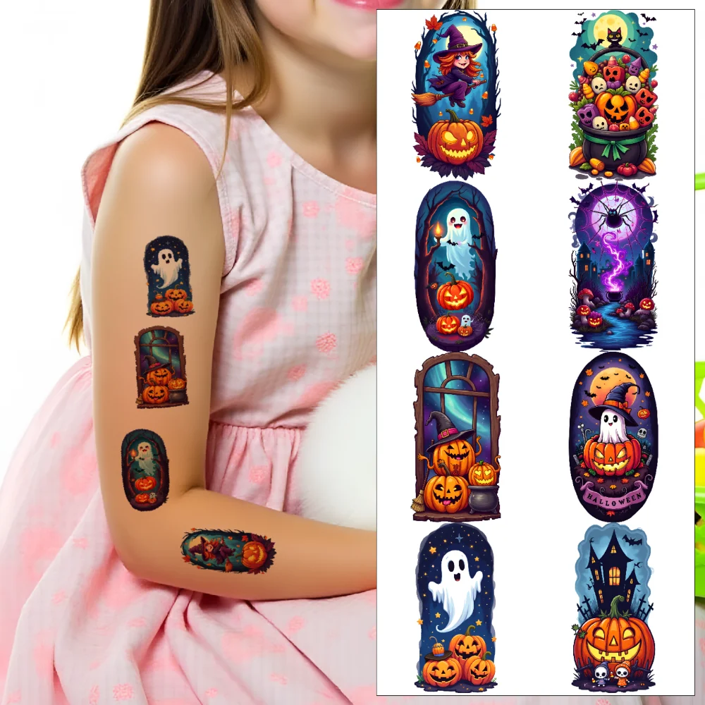 

54pcs Temporary Tattoo Spiders Halloween Houses Ghosts Waterproof Long-lasting Body Stickers Owls For Cheeks Men Women