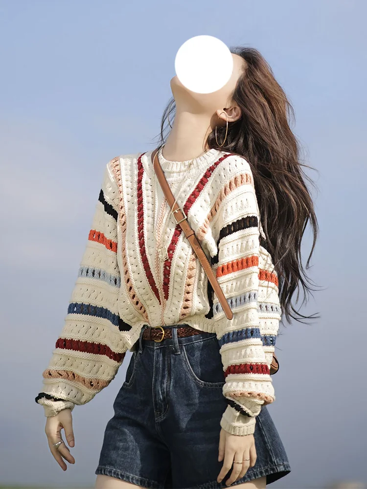 

Rainbow Striped Knitwear Women's New Spring Autumn Outerwear Lazy Hollow out Hook Flower Top Base Inner Winter Sweater