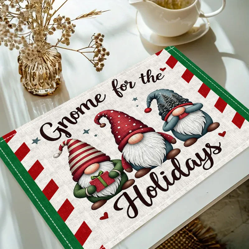 Christmas Linen Placemat Table Coffee Mat Gnome for The Golden Star Santa Snowflake Gift Black Gold Holiday Decorative