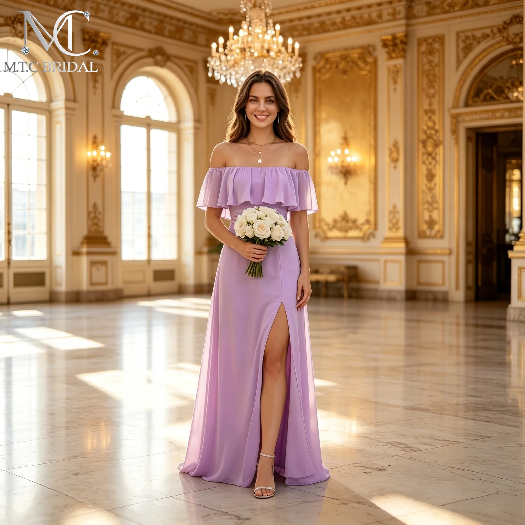 Off The Shoulder Lavender Bridesmaid Dress A Line Side Split A Line Long Wedding Guest Party Gowns Wholesale Vestido De Festa