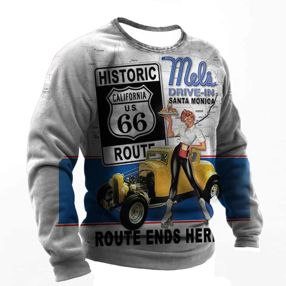 Classic Retro Men\'s Route 66 Long Sleeved Round Neck Leisure Car Pattern 3D Harajuku Printed T-shirt Hip-Hop Fashion Top