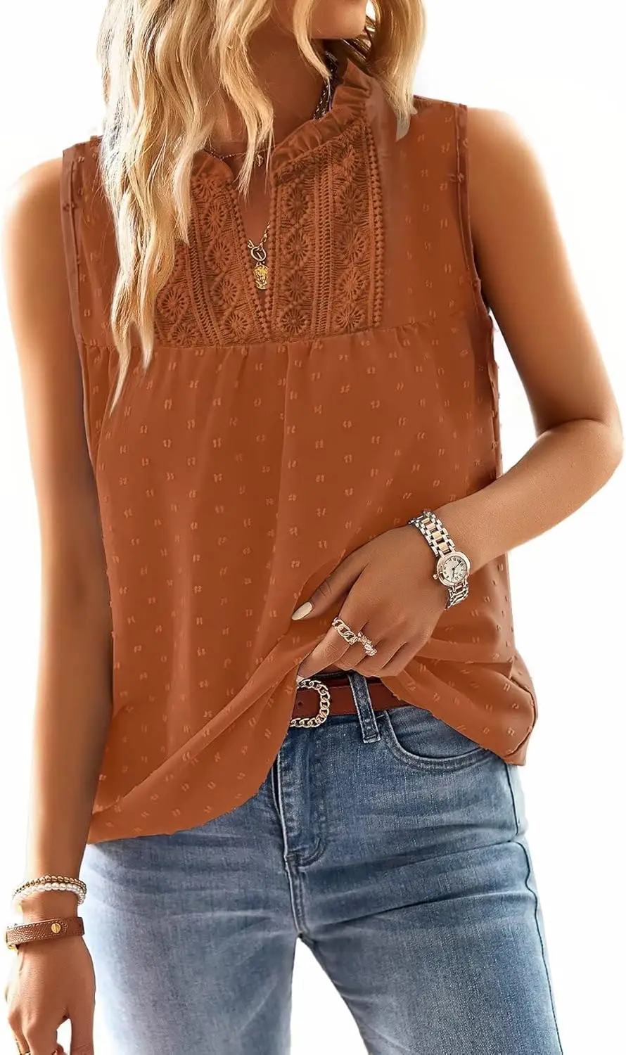 

Womens Summer Tops V Neck Blouses for Women Boho Clothing Dressy Casual Flowy Lace Sleeveless Shirts Tanktops