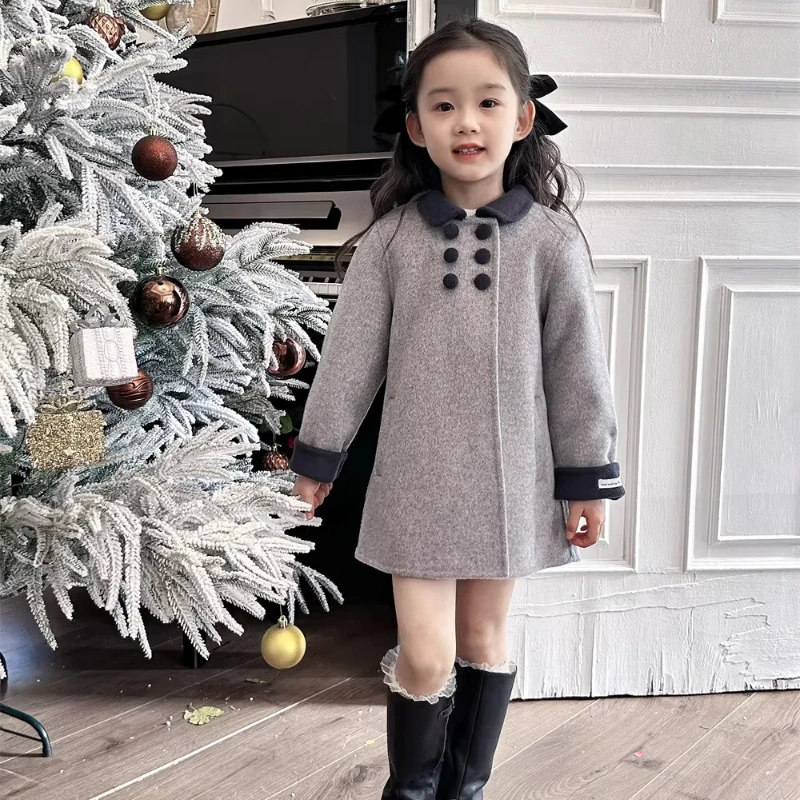 Ins Handmade Boutique Retro Wool Double-sided Cashmere Girls' Coat Temperament Color Matching Kids High Quality Jacket