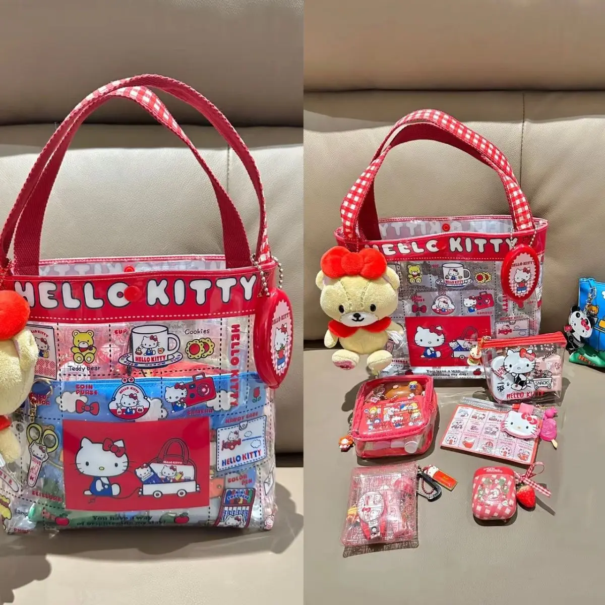 Cute Cartoon Hello Kitty PVC Transparent Large Capacity Shoulder Bag Waterproof Shopping Bag Student Print Handbag Women's Bag