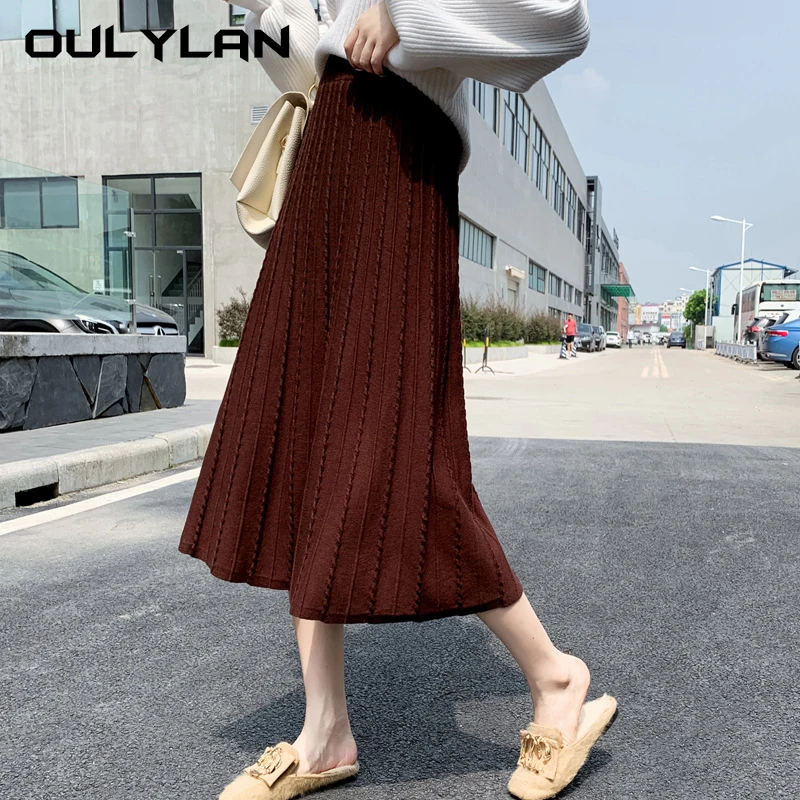 

Knitted Skirt Women's Elastic Pleated Skirt Mid Length Autumn High Waist A-line Crotch Covering Skirt Ladies Slimming Long Skirt