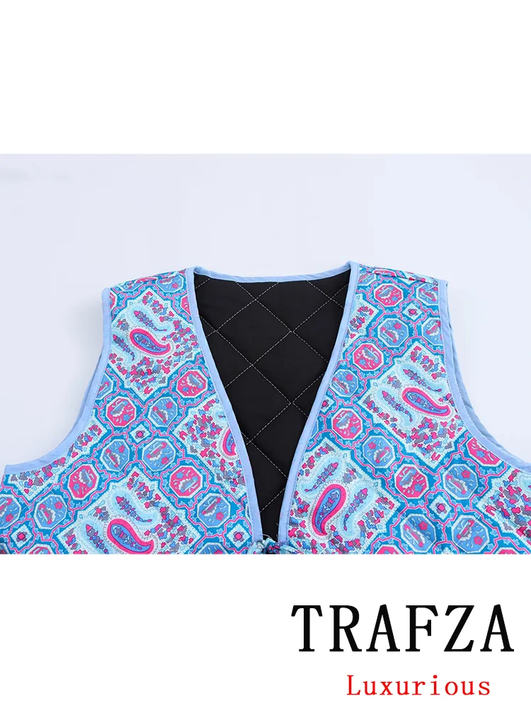 TRAFZA Vintage Casual Chic Women Padded Jacket Print Lace-up Sleeveless Bow Thick Coat New Fashion 2024 Autumn Winter Waistcoat