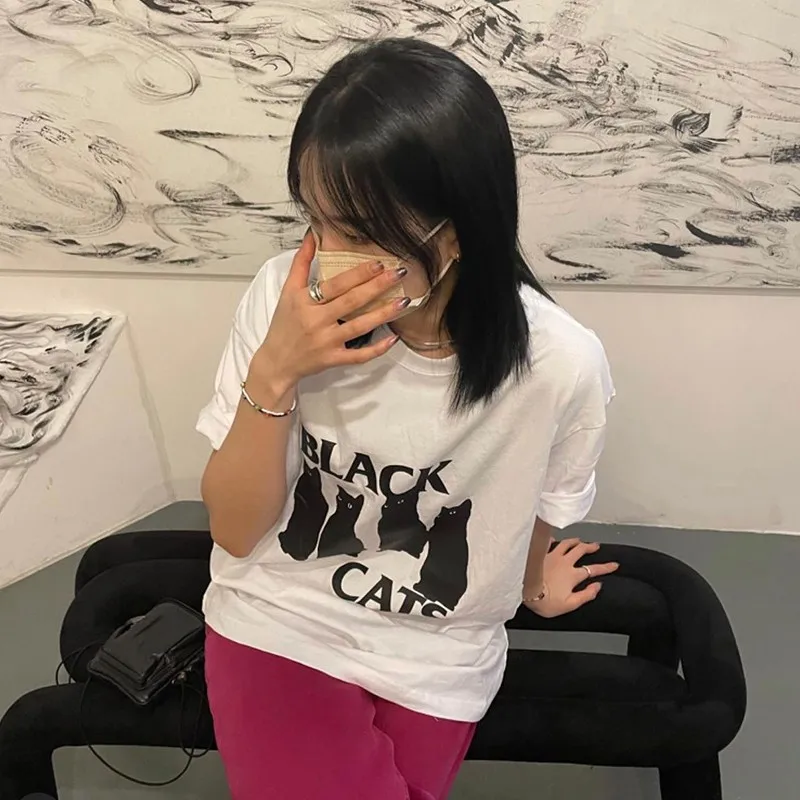 Karr233-T-shirt à Manches Courtes pour Femme, Streetwear Japonais, Mode Coréenne, Imprimé Chat, Grunge, Respiré, Kpop, Kawaii, Chic