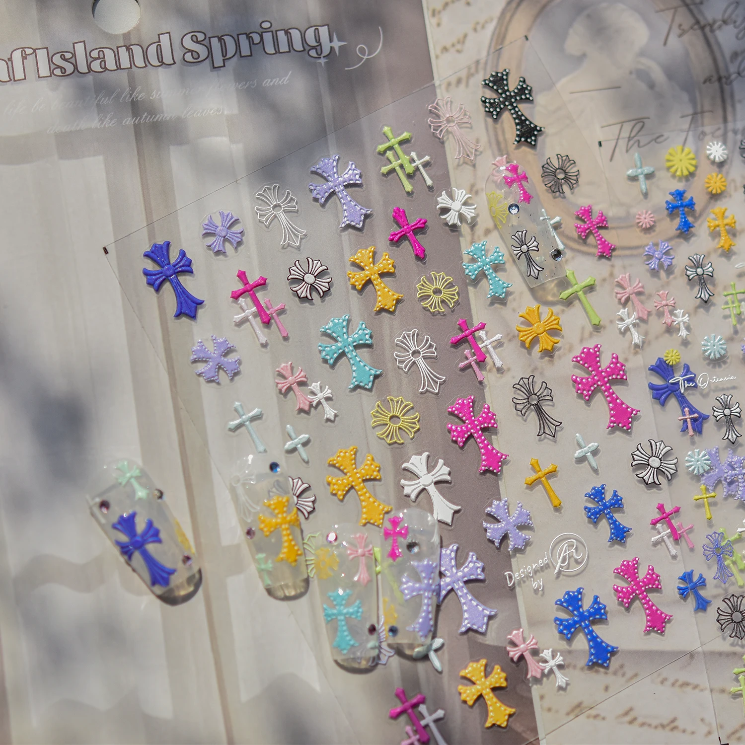 1PCS Colorful Cross Nail Stickers Nail Art Supplies 5D Letters Flowers Embossed Nail Art Decals Nail Art Decoration