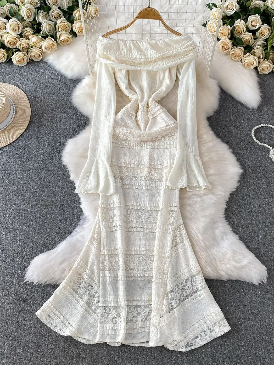 فستان ماكسي أنيق بدون أكتاف من الدانتيل بحورية البحر من Foamlina بأكمام طويلة وقصة ضيقة فستان رسمي للنساء موضة ربيع الخريف #5