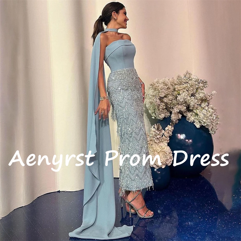 Aenyrst Shiny Strapless Tassel Evening Dresses Mermaid Detachable Scarf Prom Dress Ankle Length Party Gowns Long فساتين السهرة