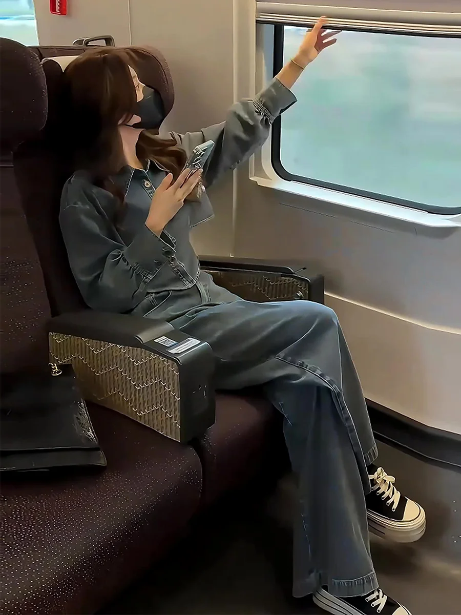 Retro hong kong sle denim conjunto feminino primavera 2025 novo high-end calças de perna larga terno de duas peças el faion conjunto