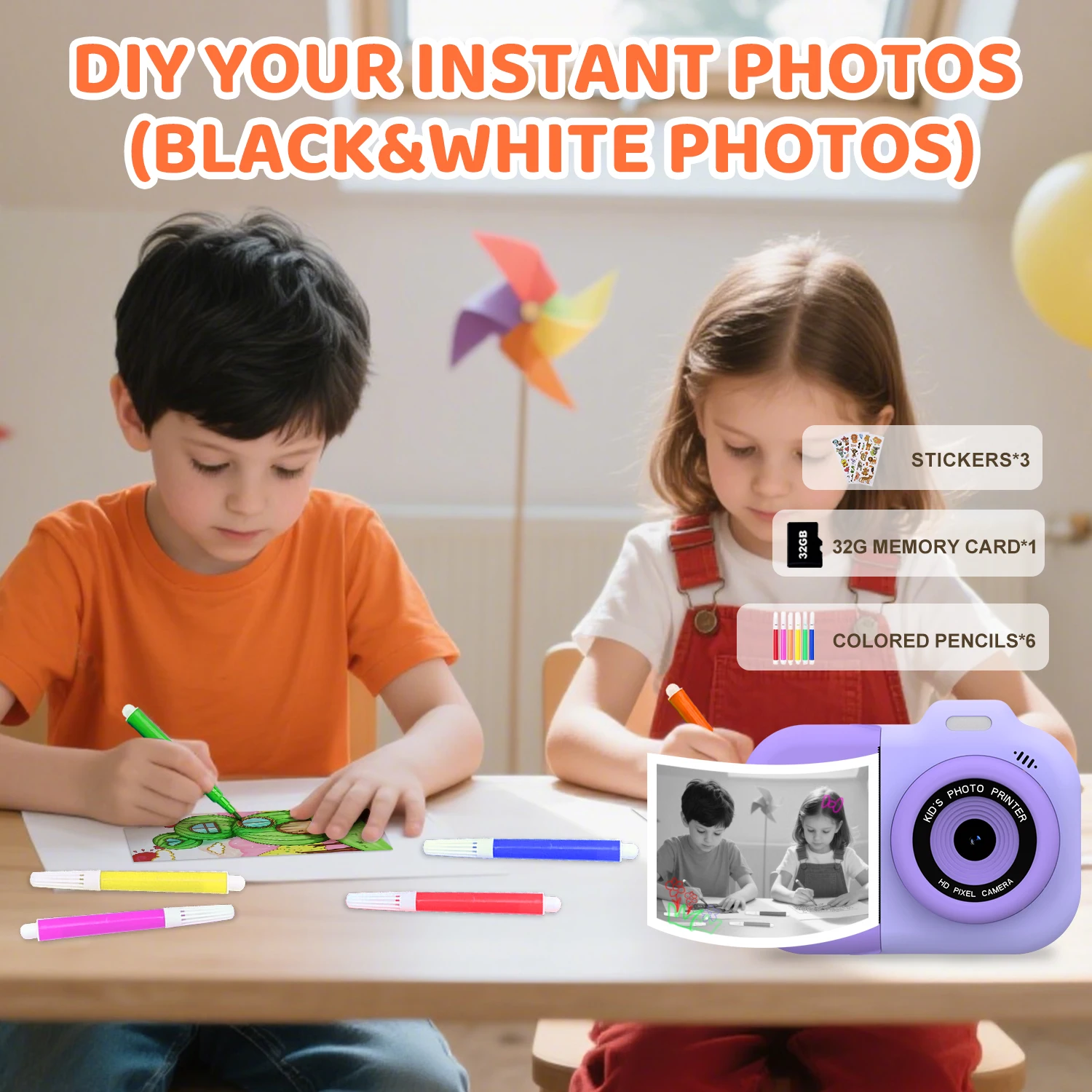 Appareil Photo pour enfants, impression instantanée, enregistrement vidéo HD 1080P, appareil Photo numérique 32G, cadeaux de noël et d'anniversaire, jouets pour filles et garçons