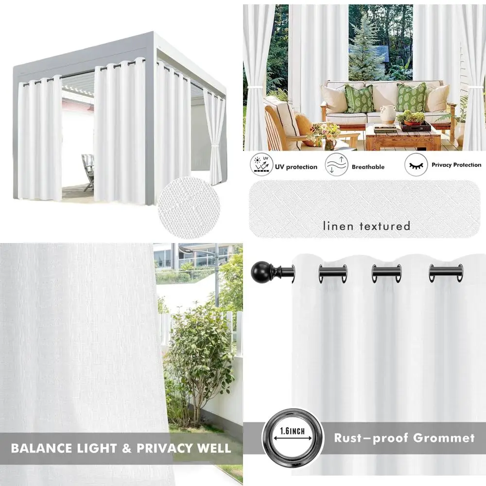 Waterdichte linnen terrasgordijnen, 54 W x 95 L, witte buitengordijnen voor pergola, veranda, tuinhuisje - weerbestendig privacy