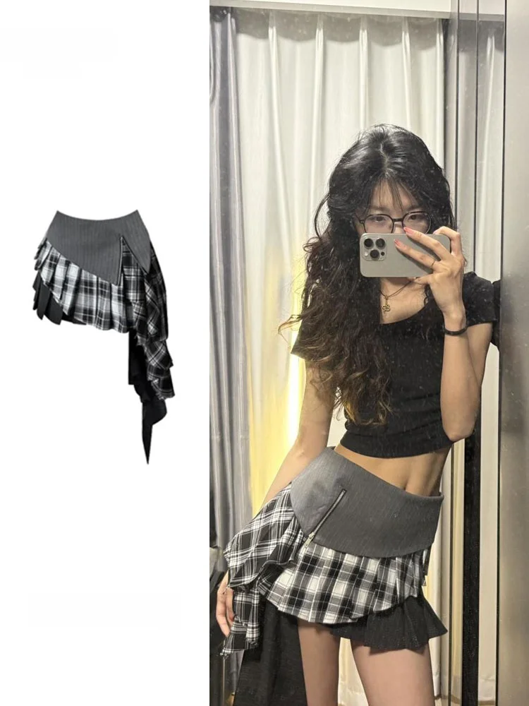 

High Waist A-Line Skirt with Me Paneling for Women Summer Season Korean Sle Commute Pattern Plaid Asymmetrical