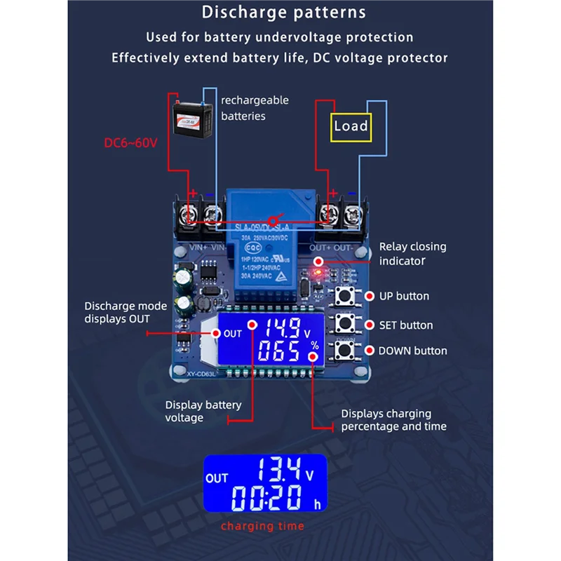 ABZZ-3X DC6-60V 30A Module de contrôle de charge de batterie de stockage carte de Protection chargeur interrupteur de temps écran LCD XY-CD63L